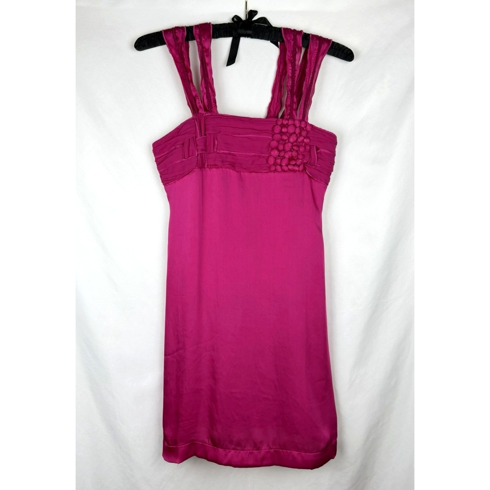 Esley Hot Pink Satin Mini Dress S Barbiecore Y2K Beaded Strappy Fuchsia Romantic